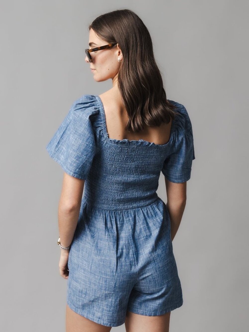Hope & Henry Organic Smocked Chambray Romper - Chambray - Picture 3 of 5